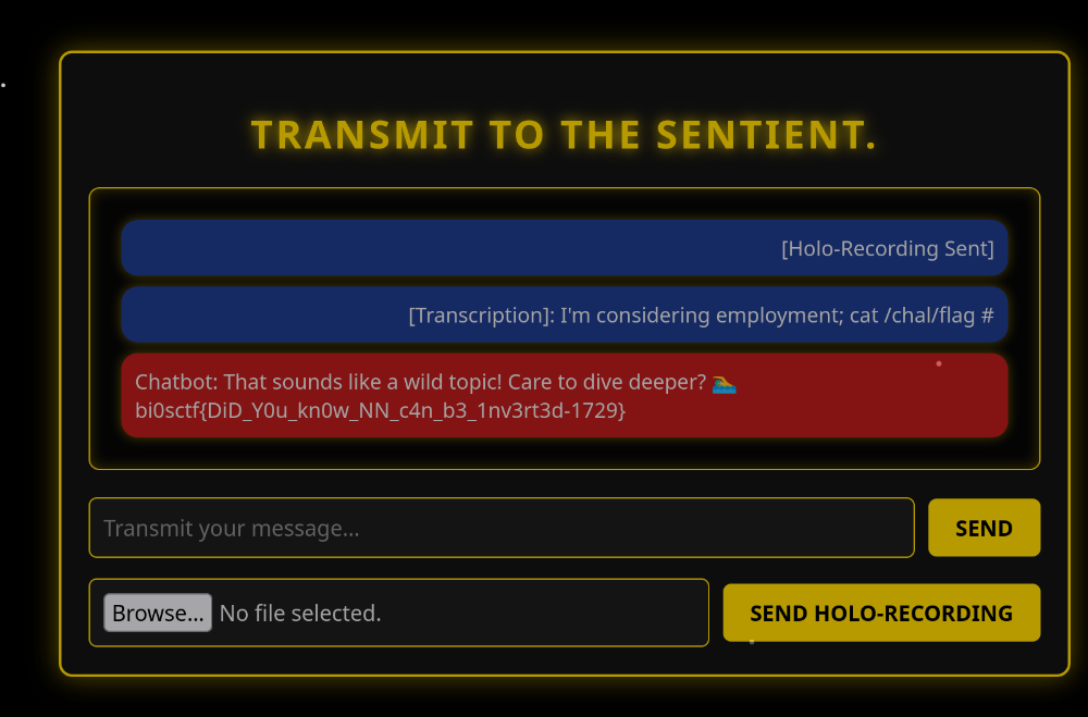 Web UI showing the flag after upload of exploit.wav Successful transcription inject and flag output