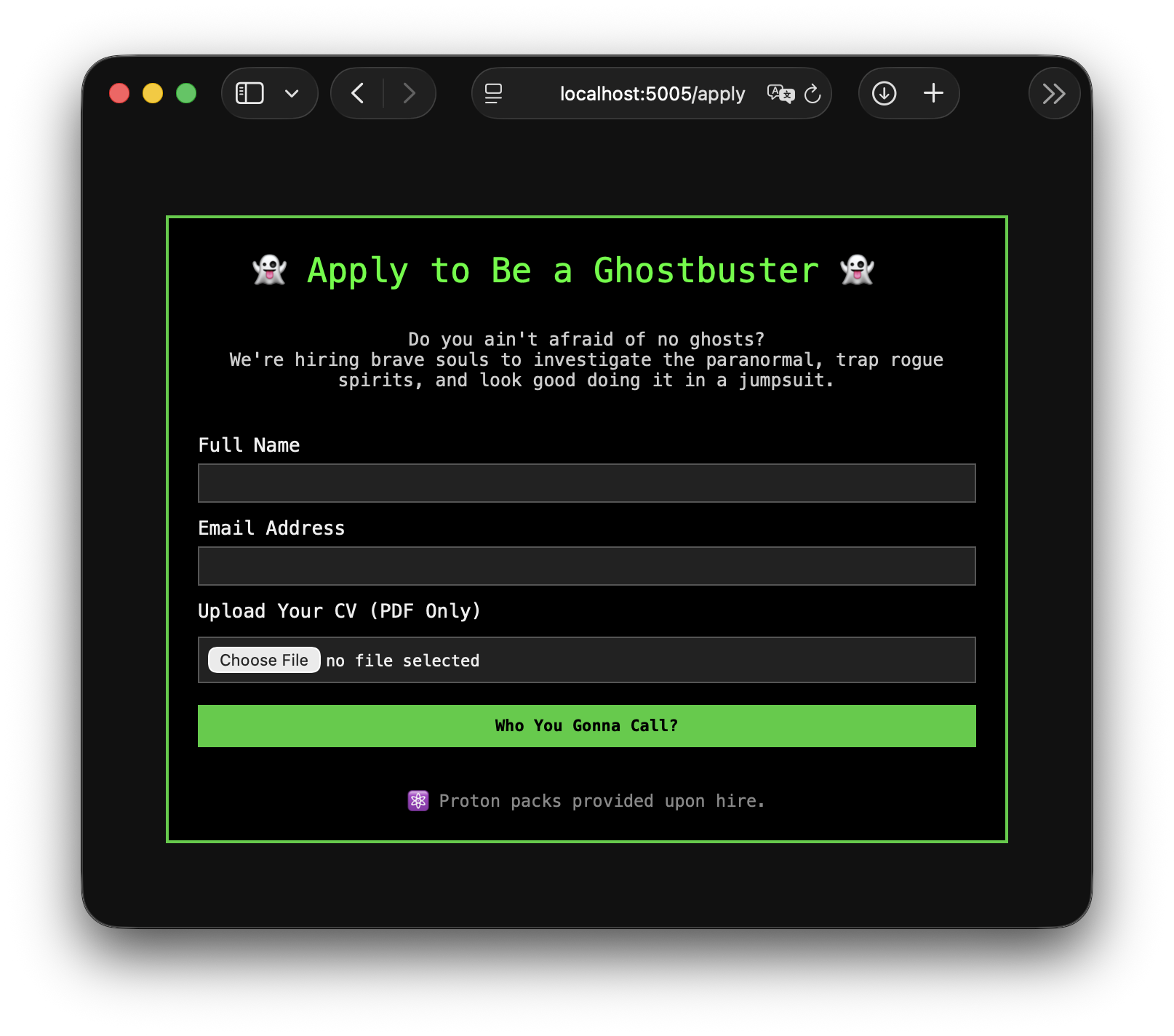 Website Displaying an Application Form for the Ghostbusters